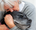 Old lady hugs an old black dog.