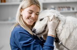A blonde lady vet snuggles a white retriever dog