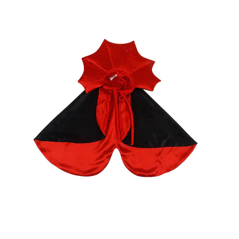 black and red vampire cloak pet costume on white background.