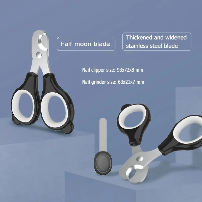 nail clippers displayed on a blue background, nail grinder also displayed. Dimensions of both.
