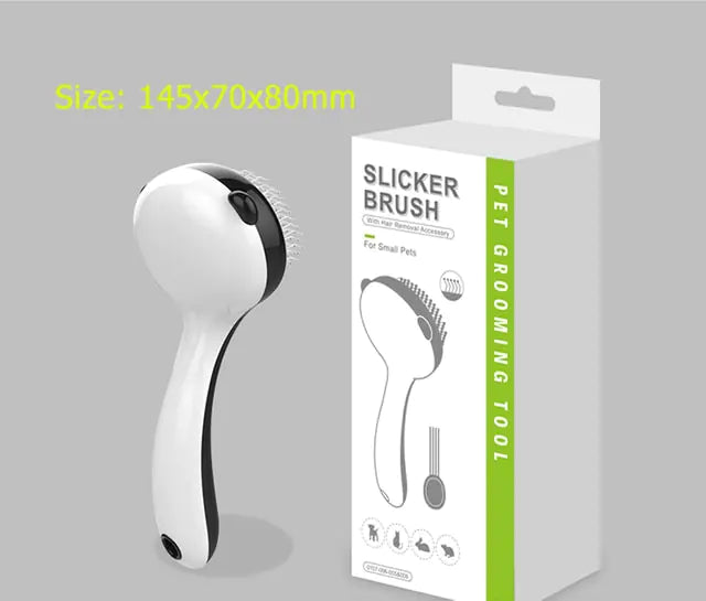 Slicker brush, packaging and dimensions displayed on a light grey background
