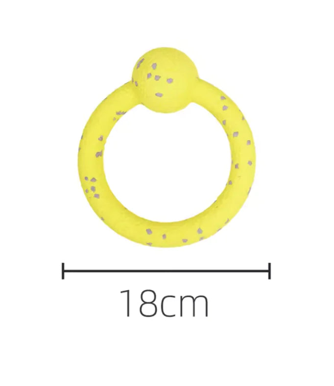 yellow loop ball on white background showing dimensions of 18 cms diameter