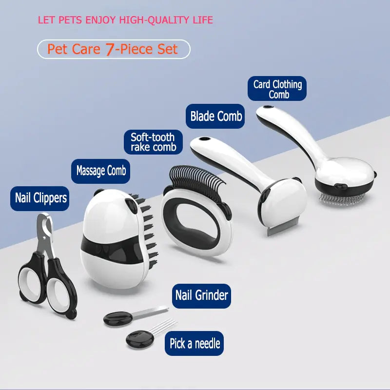 Contents of the Pampered Pet Grooming Kit displayed on a blue and white backdrop.