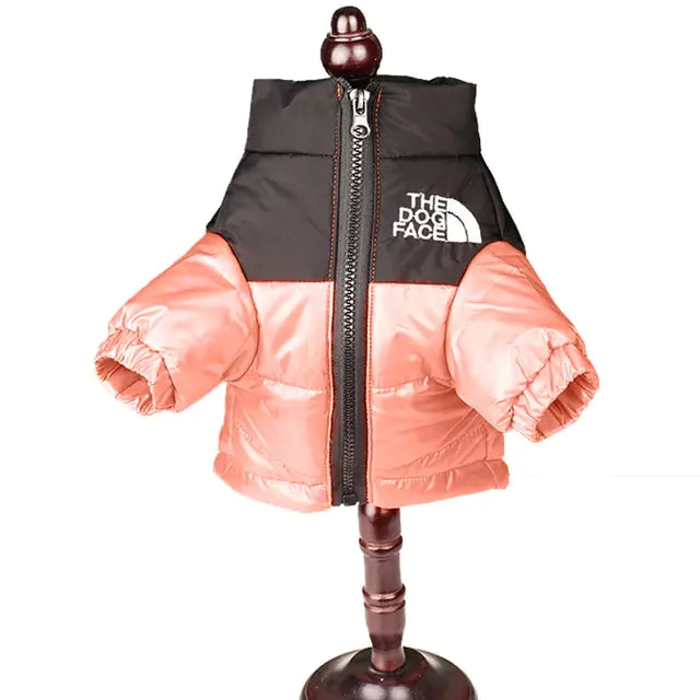 pink and black windproof jacket on a stand, white background