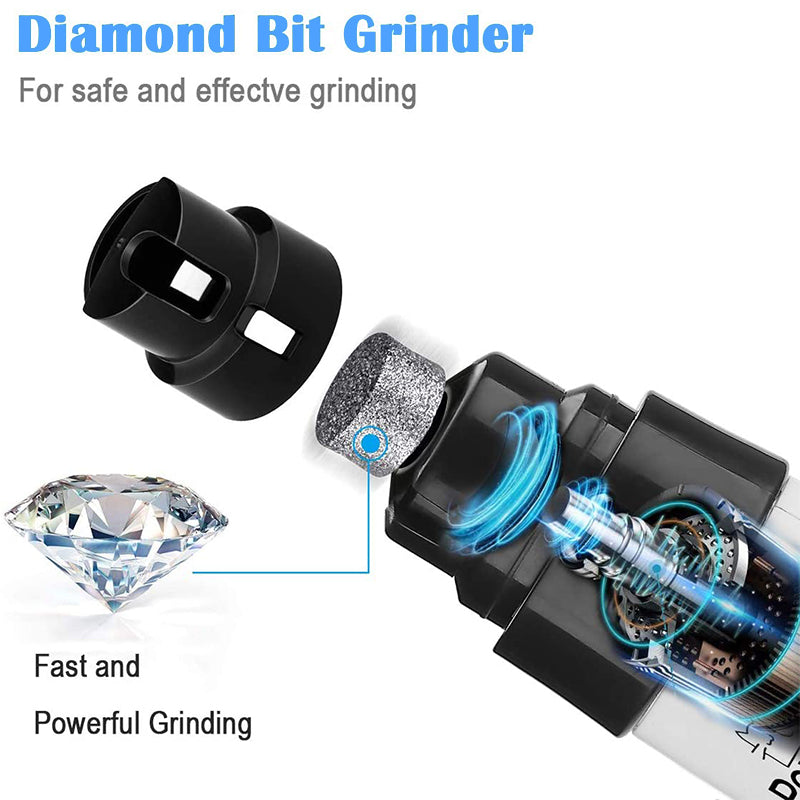 white background, image shows the head of the product and internal workings. A diamond jewel is displayed to indicate the diamond bit grinder.