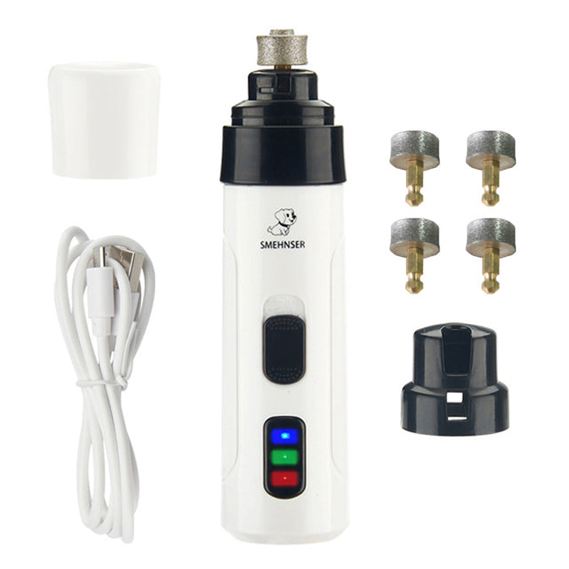 white background, white unit, white charger cord, cap and cover, four diamond head cutter tools.