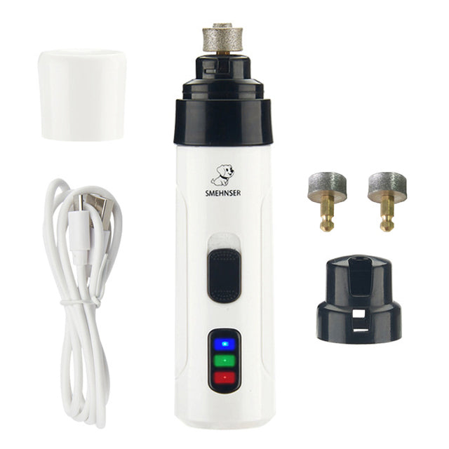 white background, white unit, white charger cord, cap and cover, two diamond head cutter tools.