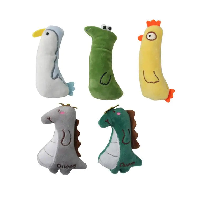 white background, five different plush toys.