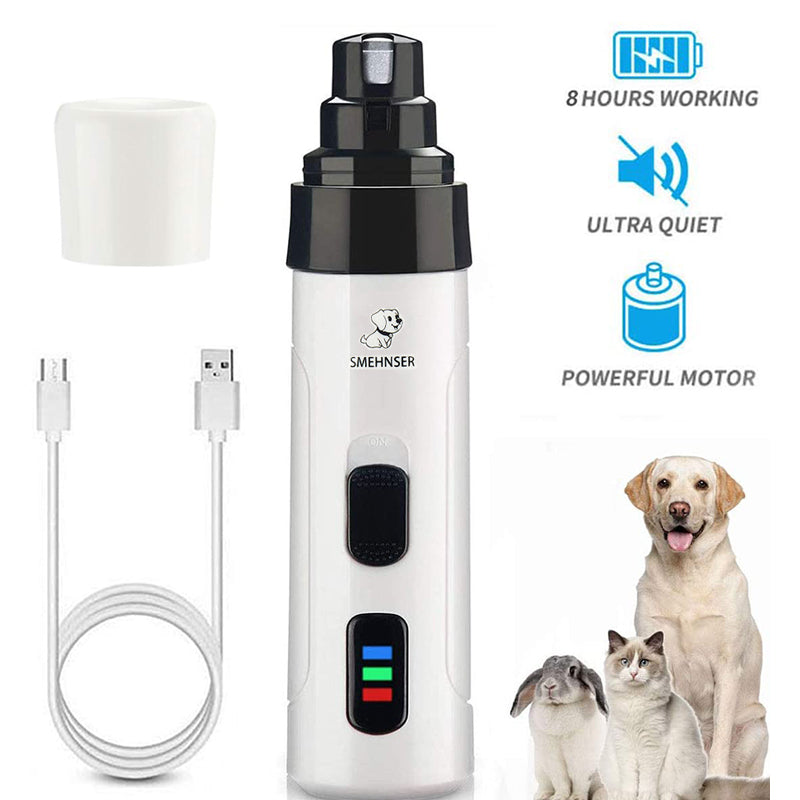 electric nail trimmer on white background. A Labrador, a cat and a rabbit are bottom right of the page. charging cable and cover are shown to left of the clipper and pictures depict 8 hours battery life, ultra quiet and powerful motor.