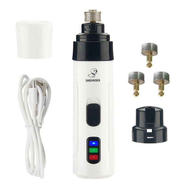 white background, white unit, white charger cord, cap and cover, three diamond head cutter tools.
