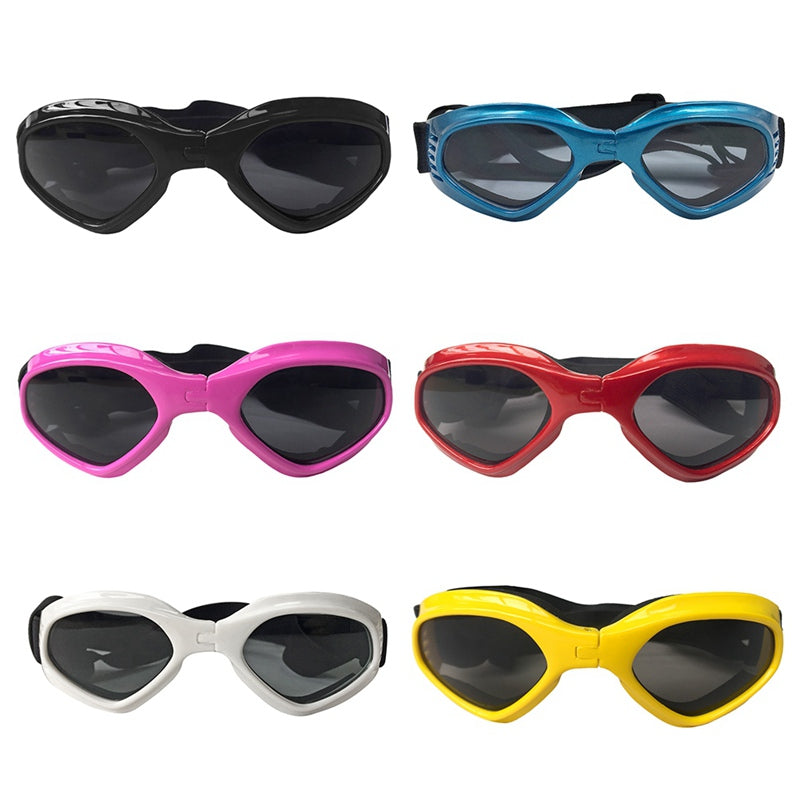 white background, six pairs of sunglasses - black, blue, pink, red, white and pink colors.