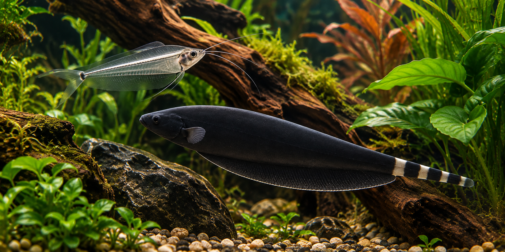 Black Ghost Knife fish and Glass Catfish in a planted aquarium