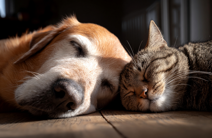 A Labrador and a tabby cat sleep together on the floor. 
