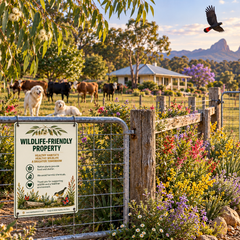 Wildlife-Friendly Property and Please Close the Gate signs displayed on a rural Australian property with native flowers, livestock guardian dogs, cattle, a possum in a tree hollow and black cockatoos flying overhead.