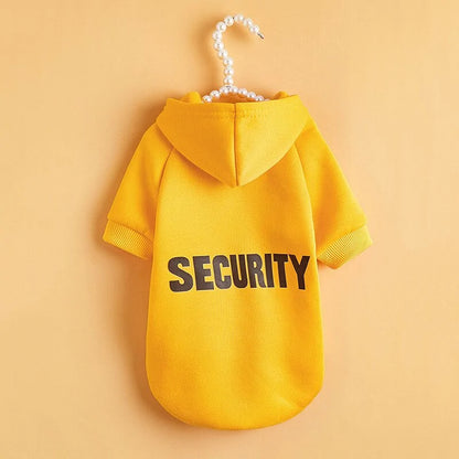 Yellow SECURITY pet hoodie on a beige background
