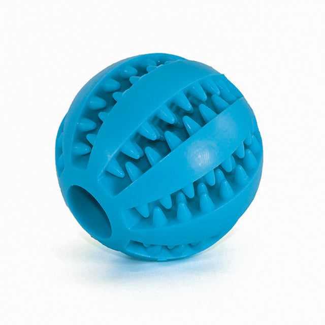 Dark blue chewable treat dispenser ball on white background. 