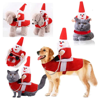 a dog and cat are pictured wearing the riding Santa pet costume, white background