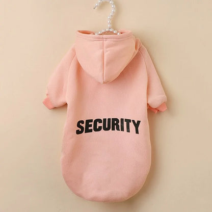 pink SECURITY pet hoodie on a cream background