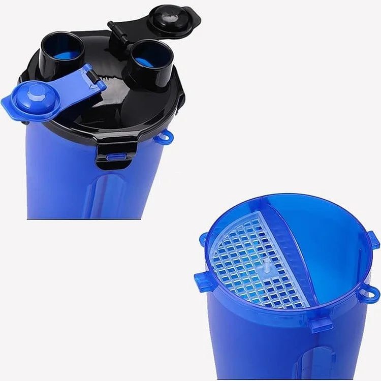 Blue 2-in-1 Pet Hydration and Snack Station on white background , showing lid design with compartment for food and one for water. 