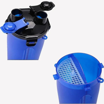 Blue 2-in-1 Pet Hydration and Snack Station on white background , showing lid design with compartment for food and one for water. 