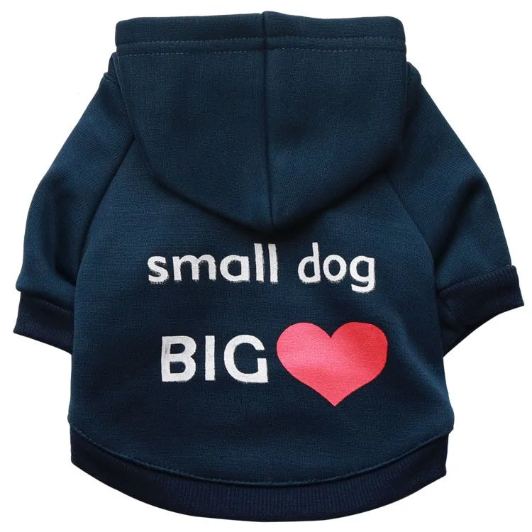 Black  'Small dog big heart' Stylish Pet Hoodie on a white background. The word heart is depicted by a red heart. 