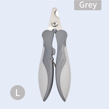 grey nail clippers in closed position on light grey background. 