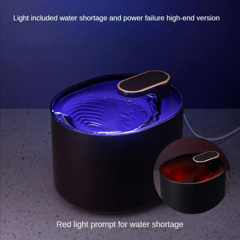 Purplish Blue Elegant Automatic Pet Water Fountain with Smart Sensor shown at night in a dark setting. 