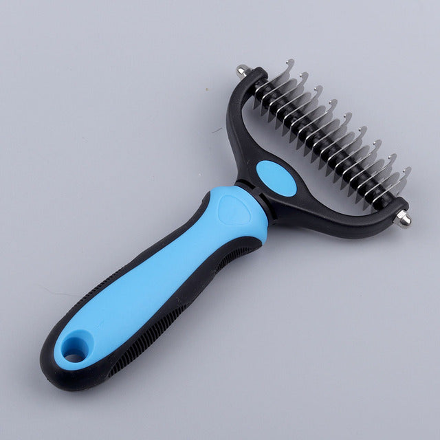 blue and black comb on white background, showing curved blades. 