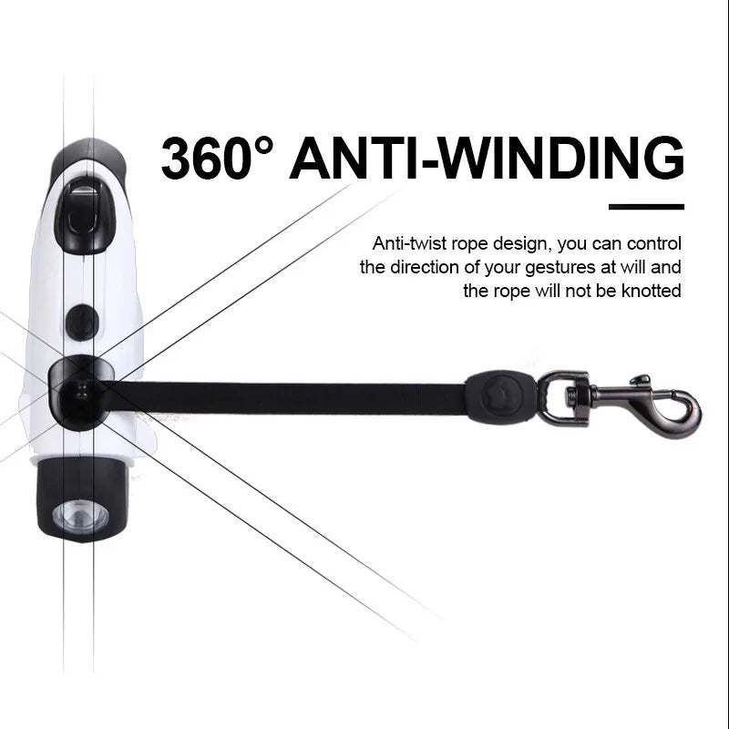 Retractable Dog Leash on a white background, displaying the 360 degree anti-winding feature. 