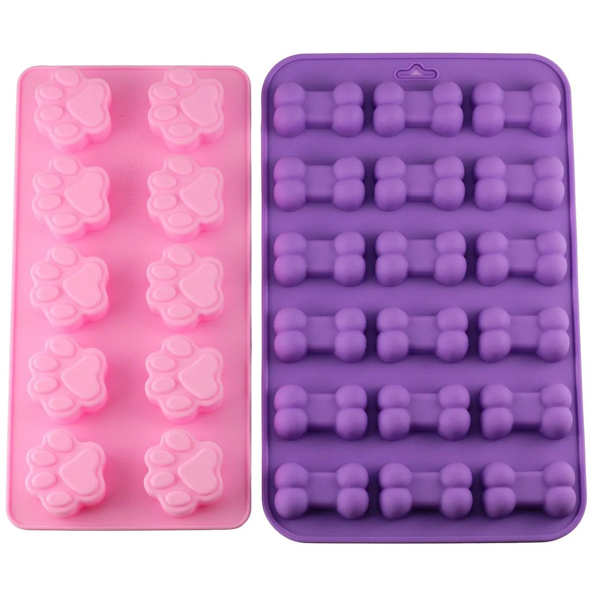 Paw and Bone Treat Molds on a white background. Bone shaped mold is purple and paw shaped mold is pink. 