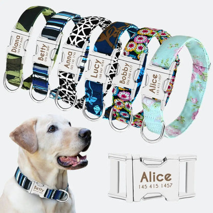 Six different colored collars on a white background, all with different names on the tags. Insert shows a Labrador Retriever wearing a personalized collar, and a close up shot of the buckle device and name placing. 