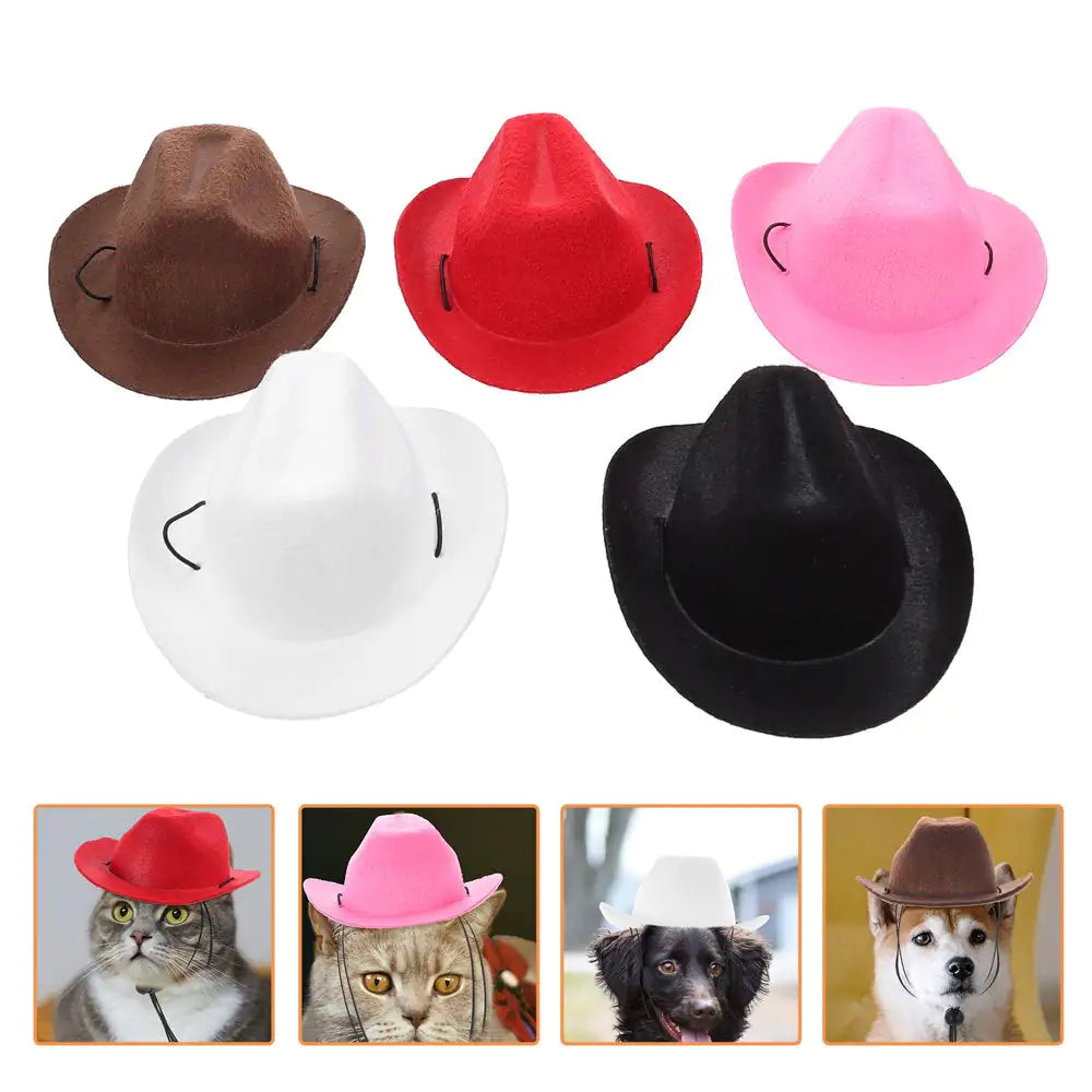 Five different colored pet cowboy hats on a white background, four smaller images of two dogs and two cats wearing the cowboy hats are at the bottom of the main image