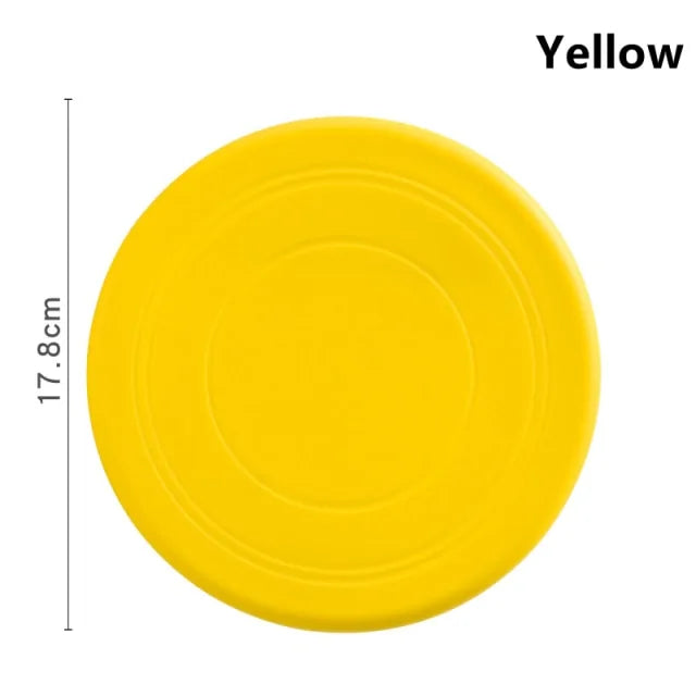 A Yellow Soft Non-Slip Flying Disc on a white background. Dimensions are shown 17.8 cm diameter. 