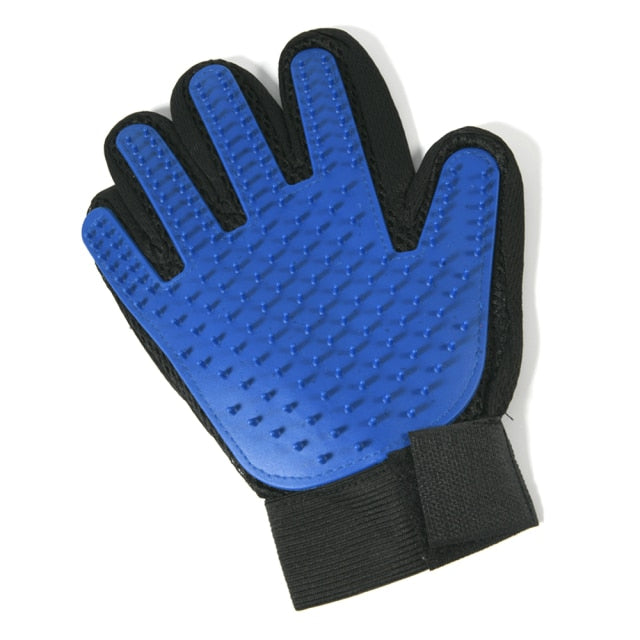 palm view of blue grooming glove, white background. 