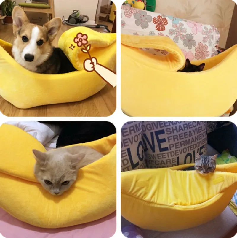 four images of pets inside the banana shaped pet bed, in home settings. 