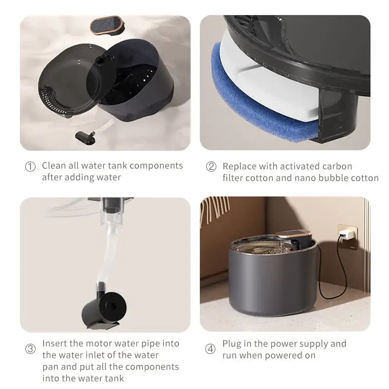 four images show assembly of the Elegant Automatic Pet Water Fountain with Smart Sensor. 