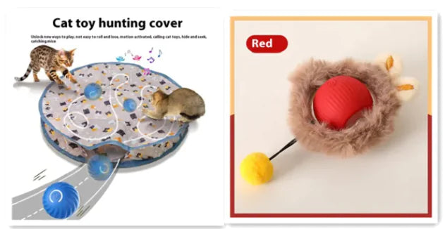 split image of full set, displaying Roll ‘n’ Pounce Cat Toy on white background with accessories
