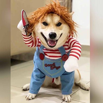 Small dog wears Eerie Doll Dog Costume, in a home setting