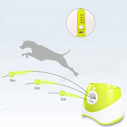 Automatic Tennis Ball Launcher on a white background, an inset image shows the control modes of the device