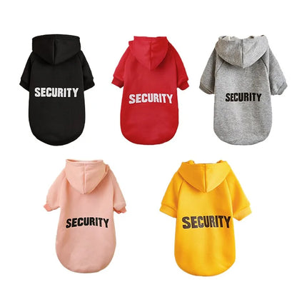 five pet hoodies, black, red, grey, pink and yellow and a white background. the back of the hoodie displays the word SECURITY 