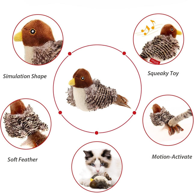 Six mall images of the Cheepy Chirp Interactive Cat Toy on a white background showing the various features of the toy 