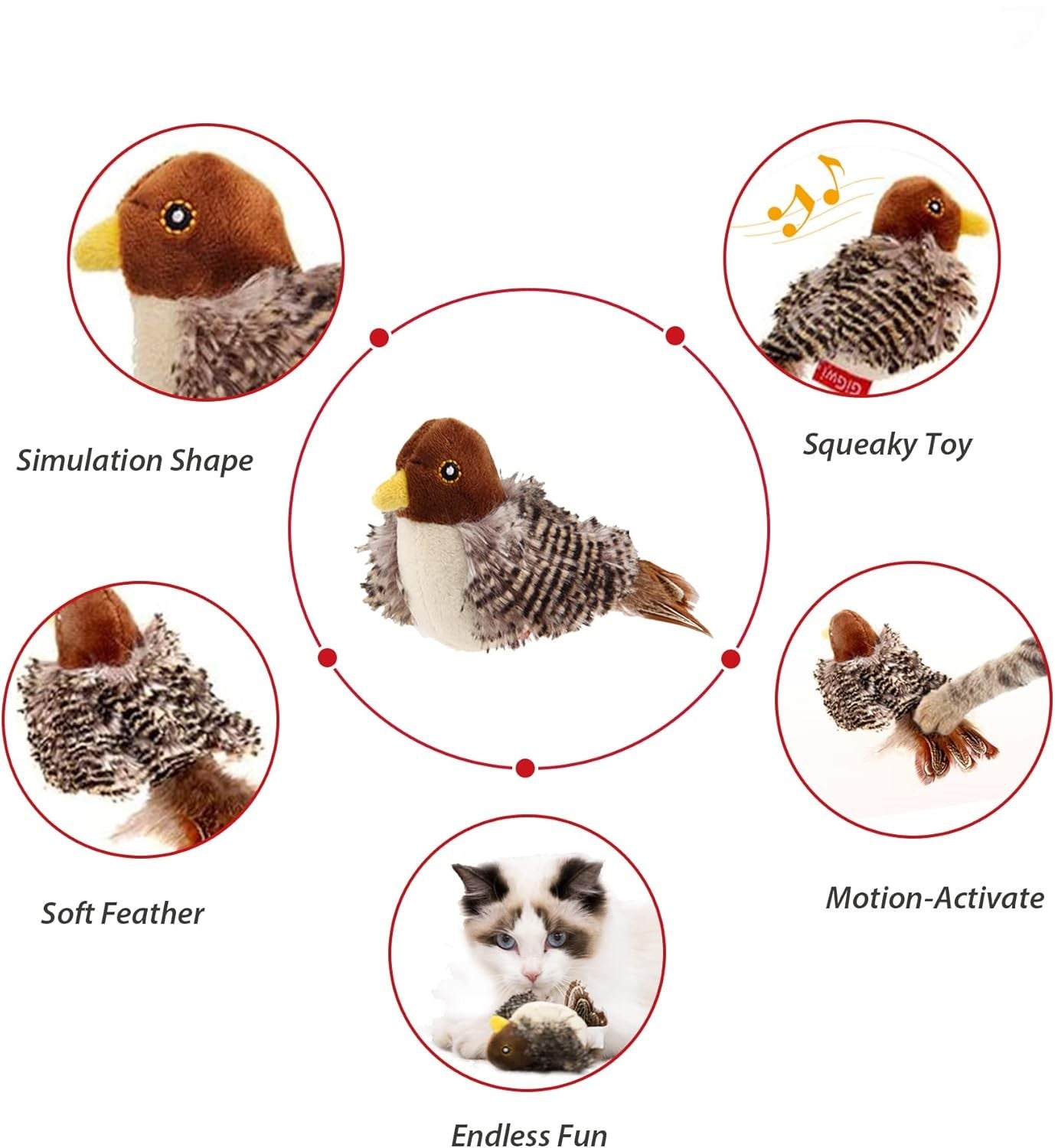 Six mall images of the Cheepy Chirp Interactive Cat Toy on a white background showing the various features of the toy 