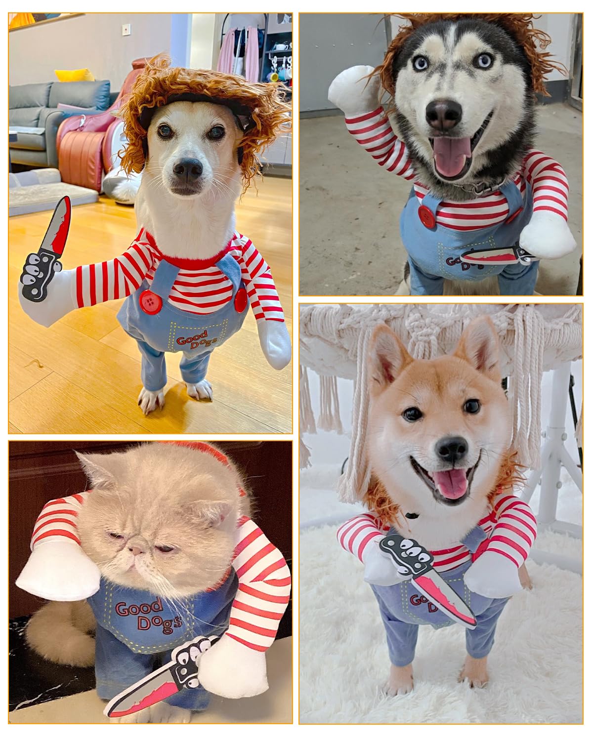 Four images of three dogs and a cat wearing the Eerie Doll Costume in home settings. 