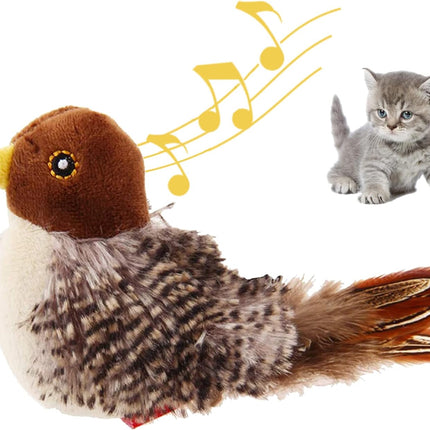 Cheepy Chirp Interactive Cat Toy on a white background, music notes depicts the sound feature and a small grey tabby kitten in the background. 