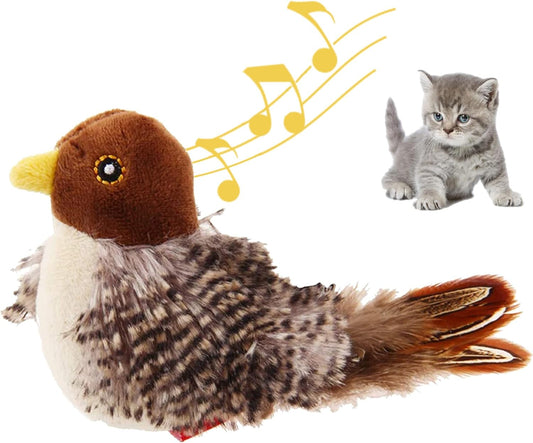 Cheepy Chirp Interactive Cat Toy on a white background, music notes depicts the sound feature and a small grey tabby kitten in the background. 