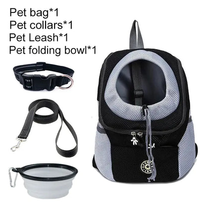 black back pack with black collar, leash and bowl on white background. 