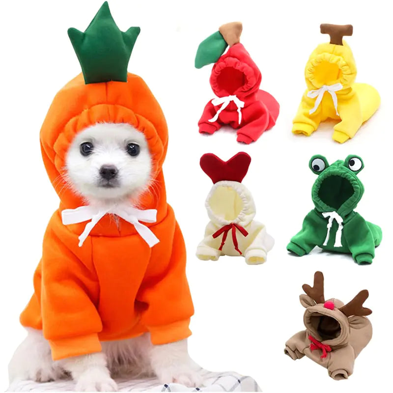 small white dog wears a  carrot design fruit hoodie on a white background, five other designs are to the right of the dog. 