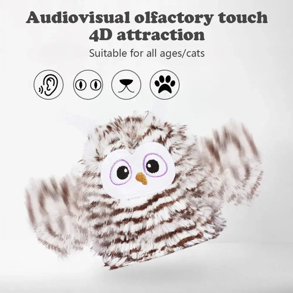 owl toy on white background, wings are blurred to demonstrate flapping motion. 