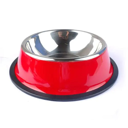 red stainless steel pet bowl with non-slip base