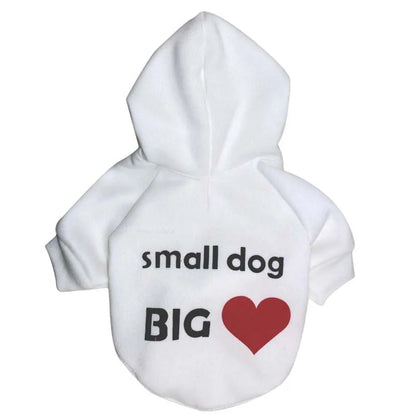 White  'Small dog big heart' Stylish Pet Hoodie on a white background. The word heart is depicted by a red heart. 